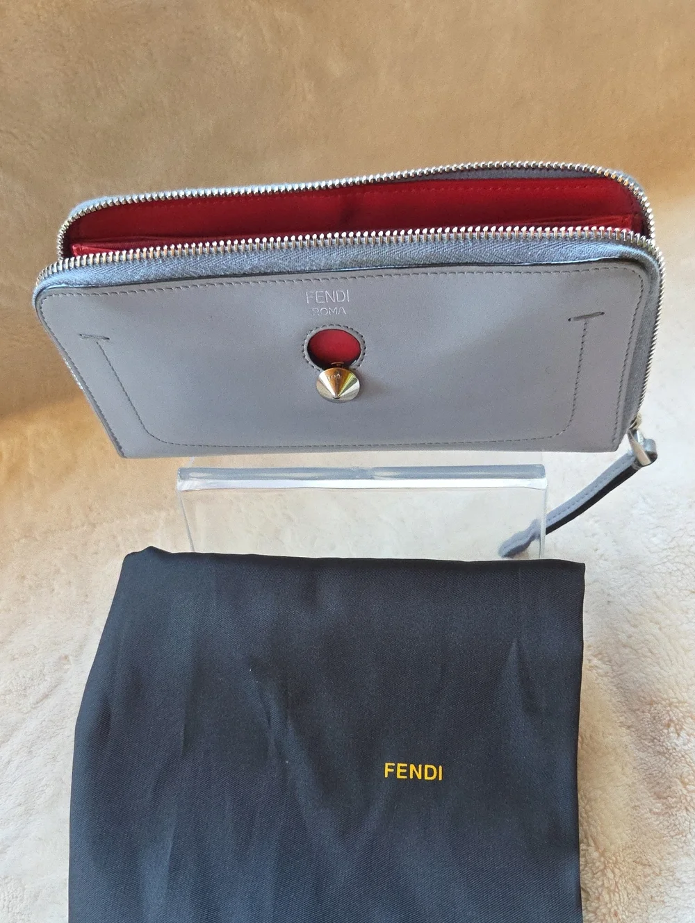 Fendi Light Gray Leather Zip Wallet with Coral Accent Button
